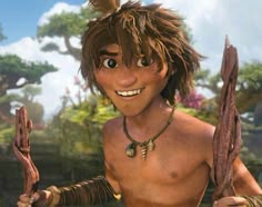 an animated character with long hair and no shirt holding two large sticks in his hands