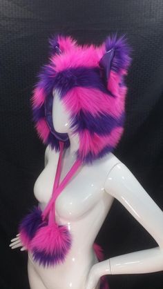 Pink Purple Cheshire Cat Furry Hat Purple Pink Fluffy Rave | Etsy Rave Hood, Alice In Wonderland Cosplay, Nocturnal Wonderland, Wonderland Cosplay, Cheshire Cat Costume, Rave Hats, Cat Costume