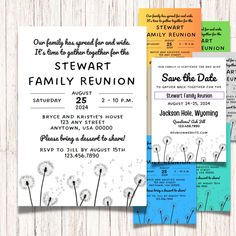 three different colored tickets with dandelions on them and the words, stewart family reunion