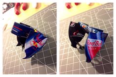 two different views of a red bull racing car on a cutting board with scissors and tape