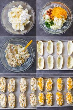 six images showing how to make appetizers with cheese and other ingredients in bowls