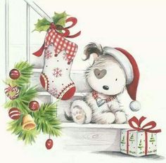 a christmas card with a teddy bear sitting next to a stocking on the window sill