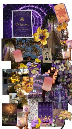 a collage of purple and yellow flowers, candles, pictures, and greeting cards