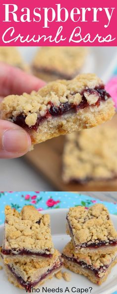 raspberry crumble bars on a plate with the words, who needs a cape?