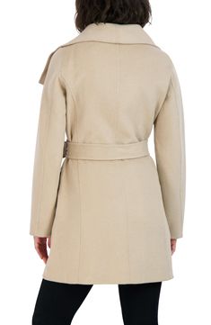 Stay warm this season with this wool coat featuring a wide collar and front tie closure for a stylish appearance. Wide collar Long sleeves Open front 52% wool, 42% polyester, 3% nylon, 3% rayon; other shell: 100% polyester Dry clean Imported Model stats: 5'10", 32" bust, 25" waist, 36" hip. Model is wearing size S. Fitted Beige Winter Outerwear, Fitted Beige Pea Coat For Winter, Fitted Beige Outerwear For Cold Weather, Fitted Beige Pea Coat For Fall, Wool Blend Coat, Wool Coat, Stay Warm, Wool Blend, Trench Coat