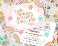 two pink and yellow birthday cards on top of colorful stars, rainbows and confetti