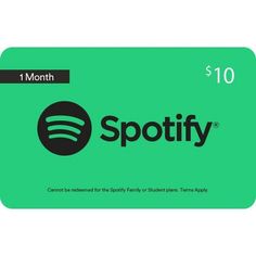 a $ 10 itunes gift card with the spotify logo in black on a green background