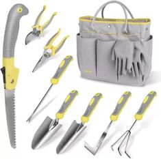 an assortment of garden tools including gardening shears