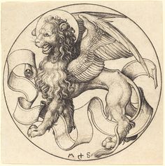 a drawing of a lion with wings on it's back in a circular frame