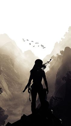 a person standing on top of a mountain with birds flying over them in the sky