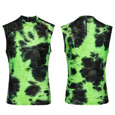 1. Made of tie-dyed fabric.  2. The shoulder is decorated with rivet webbing, which adds a cool feeling.  3. A fitted sleeveless tank top silhouette.  The price is for a top only, others are not included.   	 		 			Garment Size 			S-M 			L-XL 			2XL-3XL 		 		 			Full Length 			67 			69 			71 		 		 			Bust 			97 			107 			117 		 		 			Waist 			91 			101 			111 		 		 			Shoulders 			45 			48 			51 		 		 			Hem 			103 			113 			123 		 	      	 		 			Body Size 			S-M 			L-XL 			2XL-3XL 		 		 			Heig Green Fitted Edgy Tops, Summer Punk Style Vest Top, Tie Dye Sleeveless Top For Summer, Sleeveless Tie-dye Tops For Summer, Sleeveless Tie Dye Tops For Summer, Edgy Tank Vest For Summer, Stretch Edgy Vest For Summer, Tie Dye Stretch Sleeveless Tops, Stretch Tie Dye Sleeveless Tops