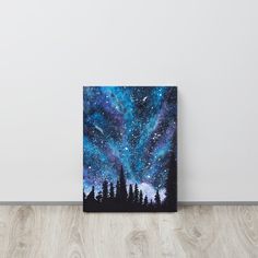 an acrylic painting of the night sky with stars and trees