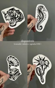 four different pictures of hand drawn tattoos with ink on the fingers and hands holding them