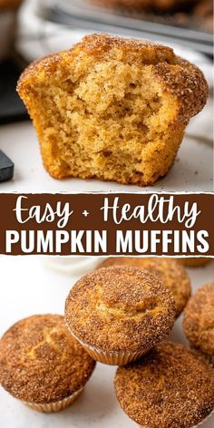 easy healthy pumpkin muffins with cinnamon sugar on top and in the background, there is a bite taken out of one muffin