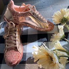 Size 7.5 Color Rose Gold These Shoes Tend To Run Small. I’d Recommend Ordering A 1/2 Size Up. Sneaker Boutique, Gold Champagne, Women Rising, Champagne Gold, Pink Gold, Wedding Sneaker, Womens Shoes Sneakers, Pink And Gold, Wedding Shoe