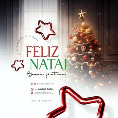 a christmas tree is in front of a poster for the feliz natal