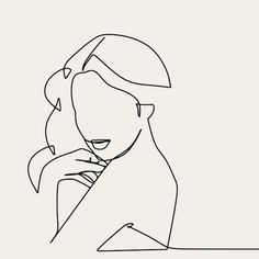 a continuous line drawing of a woman's face with her hand on her shoulder