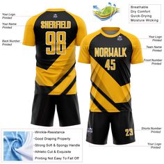 the front and back of a soccer uniform with information about each team's uniforms