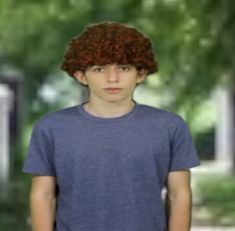 a young man with red curly hair wearing a blue t - shirt