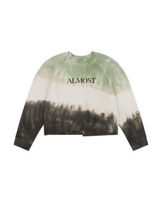 Cropped deconstructed sweatshirt with a round neck and an oversized fit. It has a textured, inside-out finish in unbrushed cotton, with a khaki tie dye print, the word 'Almost' is printed on the chest. Deconstructed Sweatshirt, Yasmin Sewell, Sadies Dress, Luxury Essentials, Dye Sweatshirt, Shirt Design Inspiration, Teenage Fashion, Tie Dye Sweatshirt, Tie And Dye