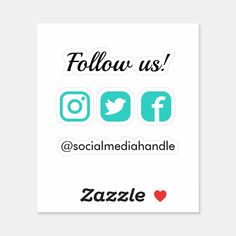 stickers with the words follow us and social media handle on each one side