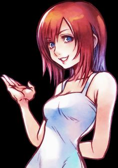 a drawing of a woman with red hair and blue eyes holding her hand out to the side