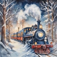 a painting of a train traveling through the snow