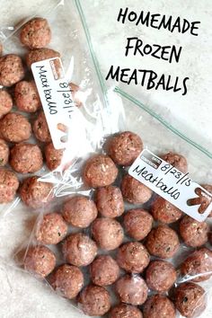 homemade frozen meatballs in plastic bags on the ground with labels for them and labeled