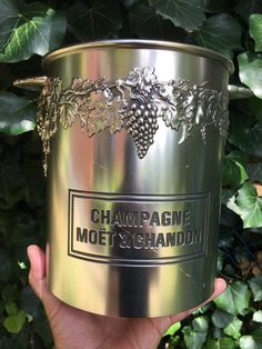 a person holding up a metal container with grapes on it and the words champagne mote & ghandon