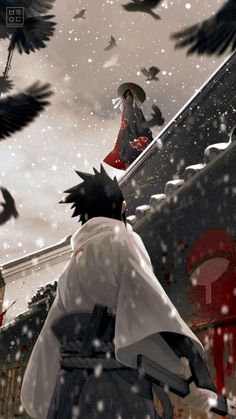 an anime scene with two people walking in the snow and birds flying around them on a cloudy day