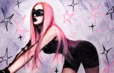 a drawing of a woman with pink hair and sunglasses on her head, in front of stars