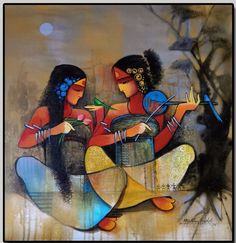 two women playing musical instruments in front of a full moon and tree with birds on it