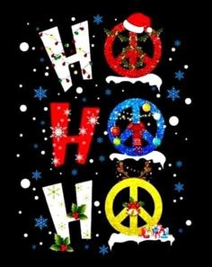 the peace sign has been decorated with christmas decorations and snowflakes on it's black background