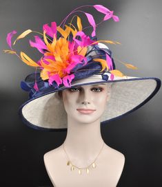 "IF YOU LIKE THE DESIGN, JUST WANT TO ADD SOME COLORS TO MATCH YOUR DRESS, PLEASE FEEL FREE TO CONTACT ME, I WILL HELP YOU. This 3 layers wide brim sinamay hat boasts a captivating ensemble, featuring 3 pcs  pheasant feather  and a few real feathers that add a touch of wild elegance. Accentuating its allure is a generously sized linen sinamay  bow, gracefully tying together the essence of sophistication and a hint of untamed charm. 100% 3 layers Sinamay, light and comfortable *Wide brim: Size: F Multicolor Brimmed Hat For Kentucky Derby, Multicolor Fedora For Kentucky Derby, Elegant Multicolor Hat-style Headpiece, Elegant Multicolor Brimmed Hat, Elegant Multicolor Hat Headpiece, Elegant Multicolor Short Brim Hat, Multicolor Mini Hats For Kentucky Derby Wedding, Multicolor Short Brim Hat For Garden Party, Fitted Multicolor Hat For Garden Party