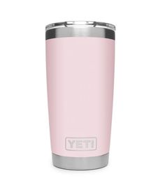 the yeti tumbler is shown in pink with silver trim and an insulated lid