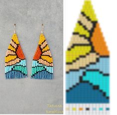 a pair of colorful beaded earrings on top of a gray surface next to an image of the same earring