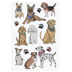 various dogs and paws stickers on a white background, including one dog with a bandana