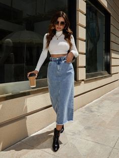 Winter Mode Outfits, Looks Jeans, Denim Skirt Outfits, Denim Skirts, Mode Inspo, Maxi Skirts, Style Blog