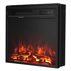 an electric fireplace with flames and logs on the front, in black plastic case against a white background