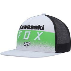 Show off your passion for extreme sports and take your sense of style into high gear by capping off your outfit with this snapback hat from Fox. It shows off the iconic Fox logo paired with Kawasakiembroidery and colors to ensure you're representing anywhere you go. The snapback fit gives this slick lid a cohesive look and feel that you'll don proudly any time you step out. White Breathable Snapback Hat For Outdoor Activities, Sports Trucker Cap With Flat Brim, Urban Breathable Snapback Hat For Streetwear, Urban Style Breathable Snapback Hat For Streetwear, Breathable Flat Brim Hats For Sports Events, Breathable Snapback Trucker Hat For Streetwear, Breathable Snapback Fitted Hat For Streetwear, Streetwear Breathable Baseball Cap With Flat Bill, Breathable Flat Bill Baseball Cap For Streetwear