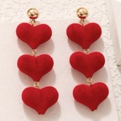 Brand New Boutique Item- Triple Red Velvet Heart Drop Earrings. Approximate Measurements- 3" Length, Hearts 1" X 3/4". Boutique Items Are Brand New With Tags! Priced Below Manufacturers Sugested Retail Price. Thank You For Shopping My Closet & Boutique. Due To Poshmark Fees Of $2.95 On Items At $15 & Below. All Items At $15 Or Less,. Are Final Sale Priced. However, You Can Bundle With At Least One Other Sale Item . Thank You For Understanding. Have A Wonderful Week Red Heart Charm Earrings For Party, Red Dangle Heart Earrings For Party, Have A Wonderful Week, Boutique Items, Velvet Heart, Dragonfly Earrings, Real Turquoise, Party Earrings, Heart Drop Earrings