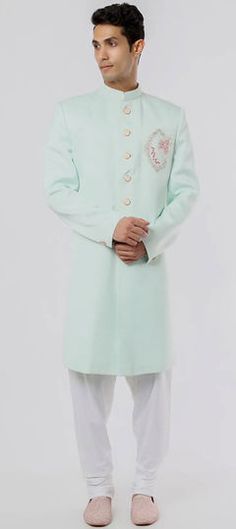 Green color Sherwani in Rayon fabric with Embroidered, Thread work Sky Blue Sherwani, Blue Sherwani, Embroidered Sherwani, Sherwani Groom, Wedding Sherwani, Blue Hand, Thread Work, Rayon Fabric, Floral Motifs