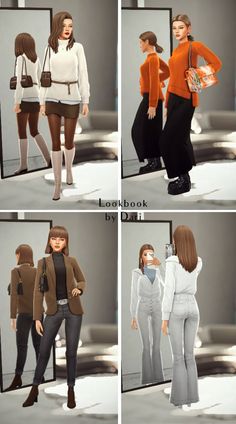 four different images of women in various outfits and clothes, all with their hands on their hips