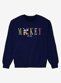 Disney Mickey Mouse Vintage Women's Crewneck - BoxLunch Exclusive Mickey Mouse Vintage, Disney Crewneck, Mickey Sweatshirt, Throw It Back, Mickey Mouse Sweatshirt, Disney Hoodies, Text Graphic, Navy Blue Sweater, Disney Sweaters