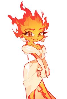 a drawing of a woman with fire on her head and arms around her neck, wearing a