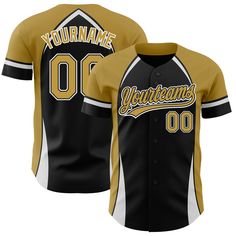 Custom Black Old Gold-White 3D Pattern Design Curve Solid Authentic Baseball Jersey Customizable Black Baseball Jersey For Game Day, Customizable Black Varsity Baseball Jersey, Customizable Black Baseball Jersey For Sports, Customizable Black Baseball Jersey For Team Events, Customizable Black Baseball Jersey For Sports Events, Customizable Sporty Black Baseball Jersey, Customizable Black Baseball Jersey With Letter Print, Customizable Black Baseball Jersey With Collar, Customizable Jersey With Baseball Collar For Streetwear