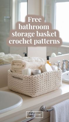 bathroom storage basket crochet pattern with text overlay that reads free bathroom storage basket crochet patterns