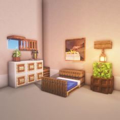 a room with two beds, dressers and other furniture in it's corner