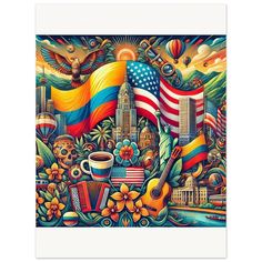 a painting with an american flag and other things in the foreground, including a cup of coffee