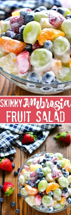 an image of fruit salad in a glass bowl on a table with strawberries and blueberries